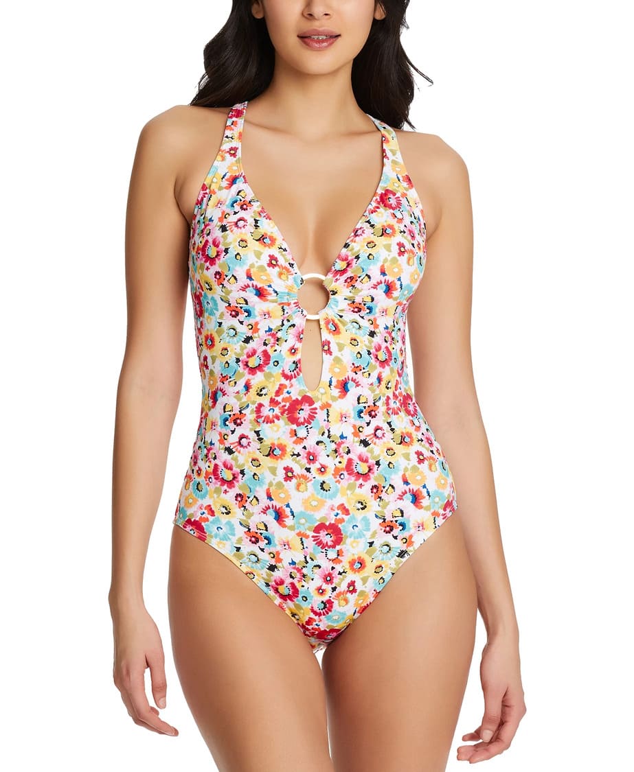 Flower Hour Printed Plunging One Piece Swimsuit