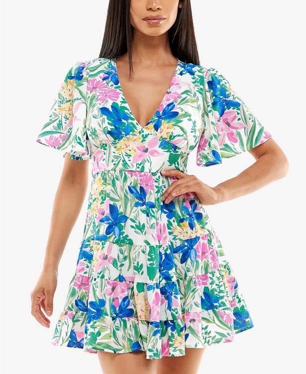 Juniors' Printed Tiered A-Line Dress